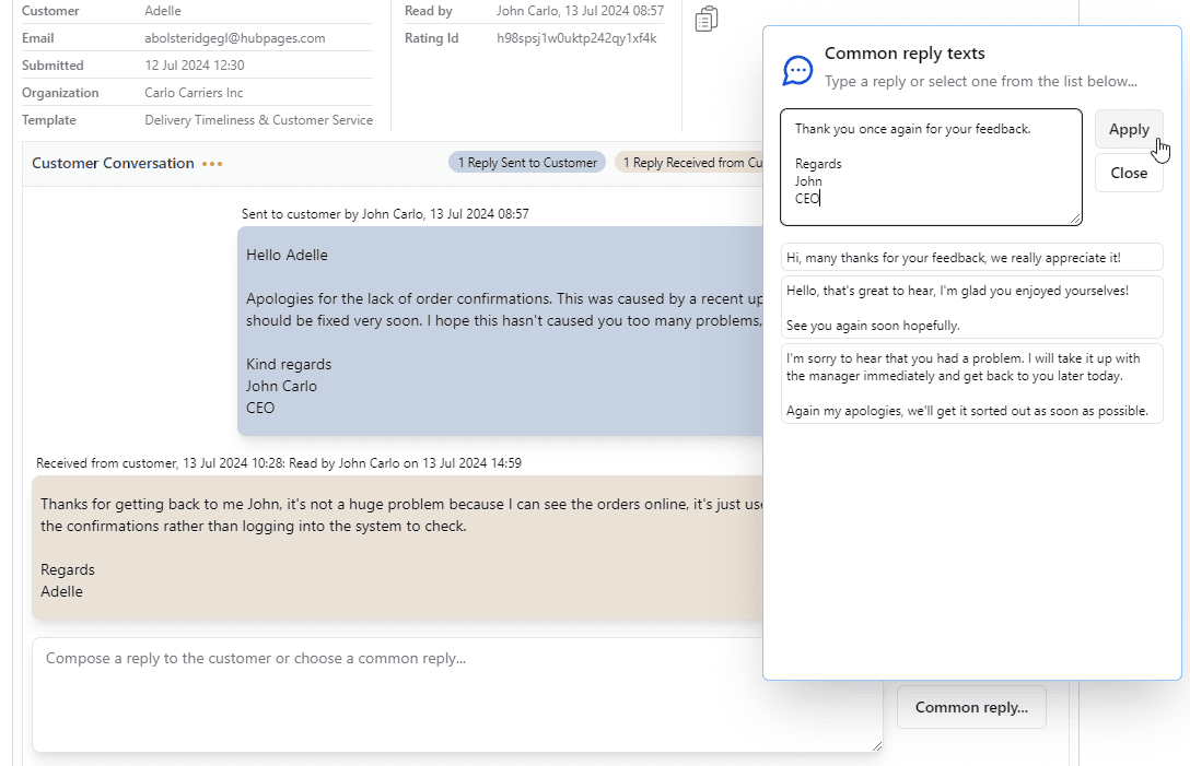 Custom replies popup dialog