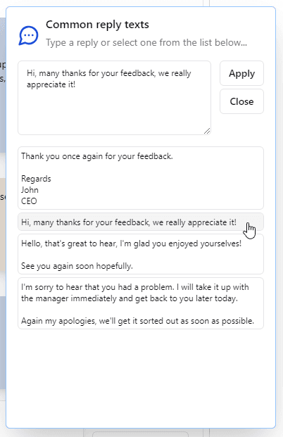 Custom replies popup dialog, select existing item