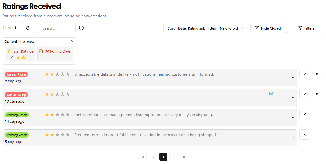 Dashboard drill-down to Ratings Received report - Star Rating, 90 days