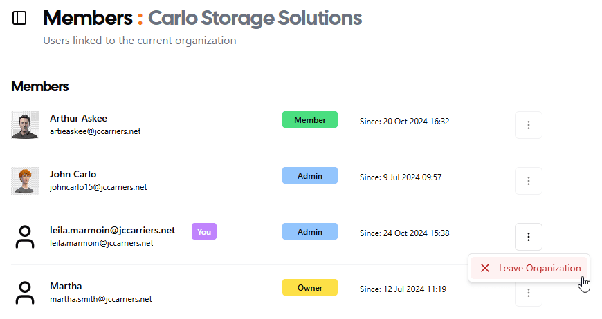 Leave organization button