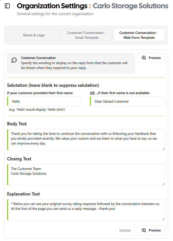 Customer Conversation - Form Template Settings