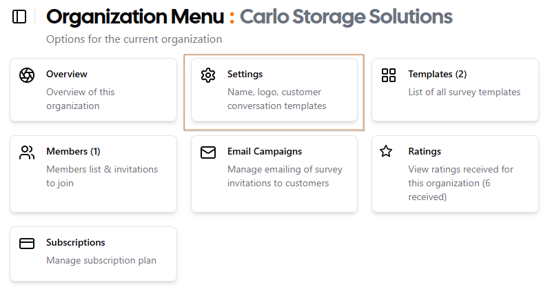 Org Menu - Select Settings Page