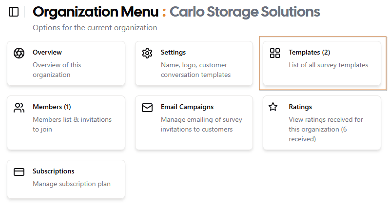 Select templates card from organization menu