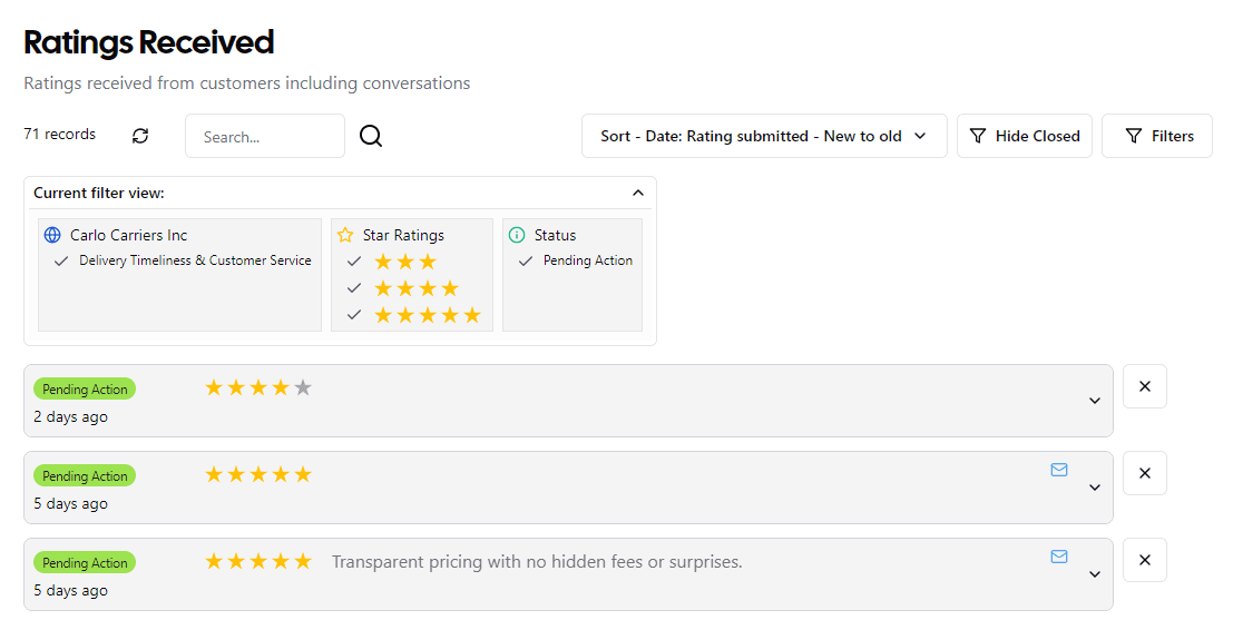 Ratings Received report with selected filters