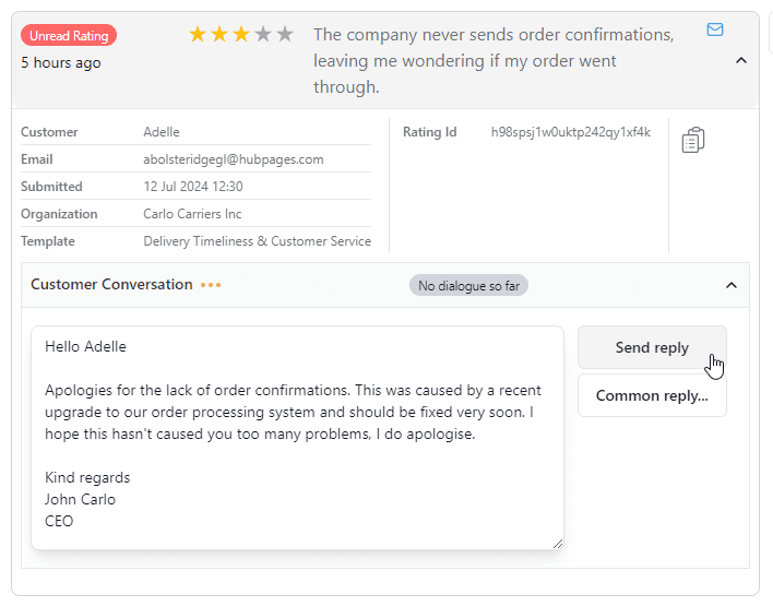 Single Rating - conversation open - step 2 - reply